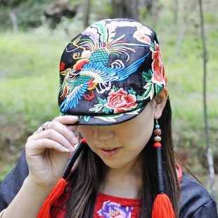  民族风帽子 杨丽萍最爱 正品凤凰机绣绣花缎面鸭舌帽绣花帽 黑