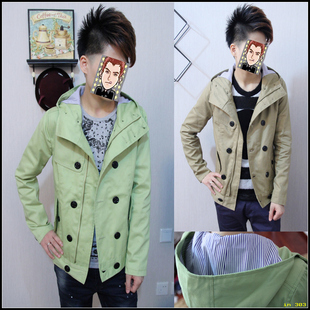  学院风 时尚小清新 双排扣连帽外套 春装个性韩版修身男士夹克 潮