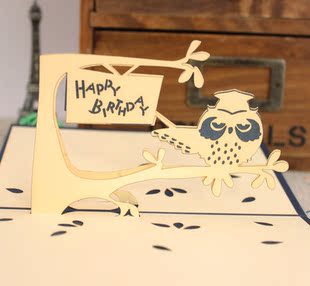  猫头鹰 手工立体创意节日定制diy纸雕祝贺生日贺卡卡片