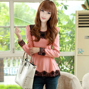  甜美韩版修身蕾丝长袖雪纺衫 百搭雪纺上衣打底衫小衫女装新品秋