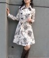 气质淑女春装长款毛打底高腰韩版印花连衣裙特价热卖