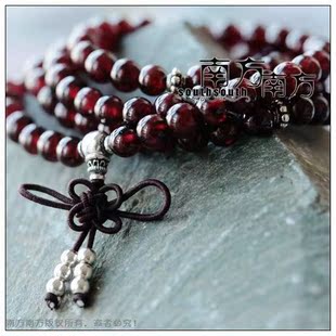  南方南方银饰老银匠手工泰银石榴石月光石108佛珠手链 天然-祈福