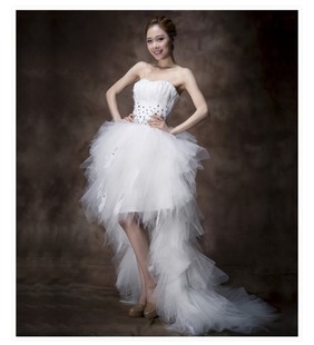 婚纱礼服2021夏季新娘抹胸梦幻，显瘦韩版拖尾前短后长小个子裙