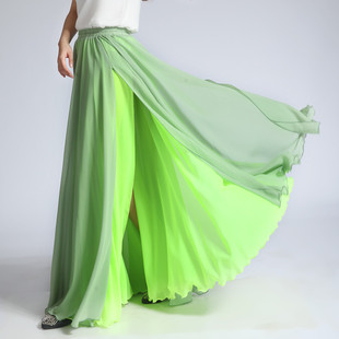 雪纺半身裙长款薄荷，绿荧光色高档面料大摆裙子