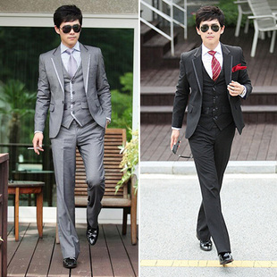  韩版修身男式西装奢华气质休闲时尚撞色男士休闲西服套装3件套