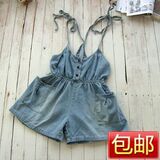 日单原单日式复古高腰水洗做旧牛仔裤背带裤短裤