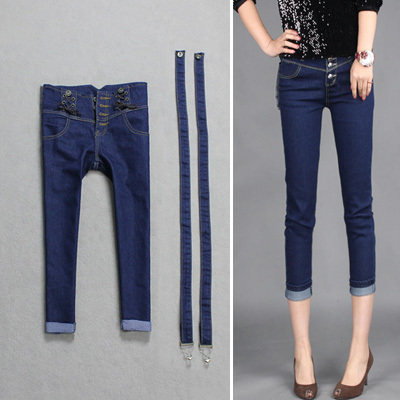 2012 Korean version of curling denim overalls Pants detachable flange waist multi-button jeans 130