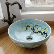 卫生间陶瓷盆洗脸盆地中海台上盆圆形洗手盆，艺术盆蓝色梅花