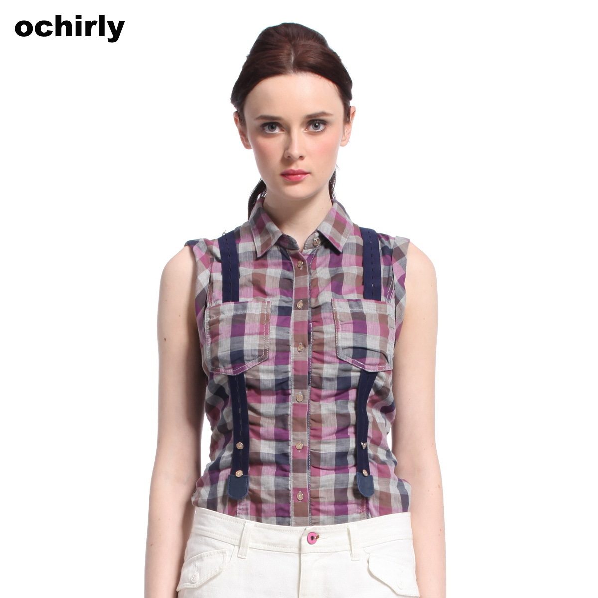 新款女装春装纯棉翻领格子开襟衬衫，Ochirly/<span class=H>欧时力</span>