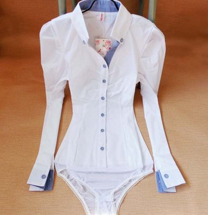 韩版白色职业OL女士衬衣 修身长袖通勤V领拼格棉包扣连体衬衫