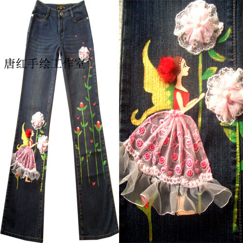四钻信誉精品手绘牛仔裤--花丛少女(深色) 价格:138.00