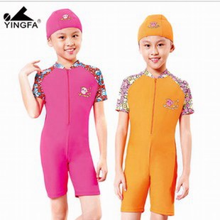 品牌英发温泉儿童女童连体，短袖游泳衣y052送泳帽桃红橘色