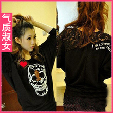 飞搜宝贝强力推荐新款春装2012女装<span class=H>新品</span>时尚蕾丝拼接蝙蝠袖骷髅t恤清仓特价T993