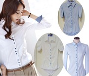 夏装工装韩版显瘦OL职业女式衬衣长袖短袖蓝白色拼色连体衬衫
