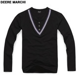 DEERE MARCHI迪尔.马奇 简洁莱卡弹性修身双V领长袖T恤 DM76黑