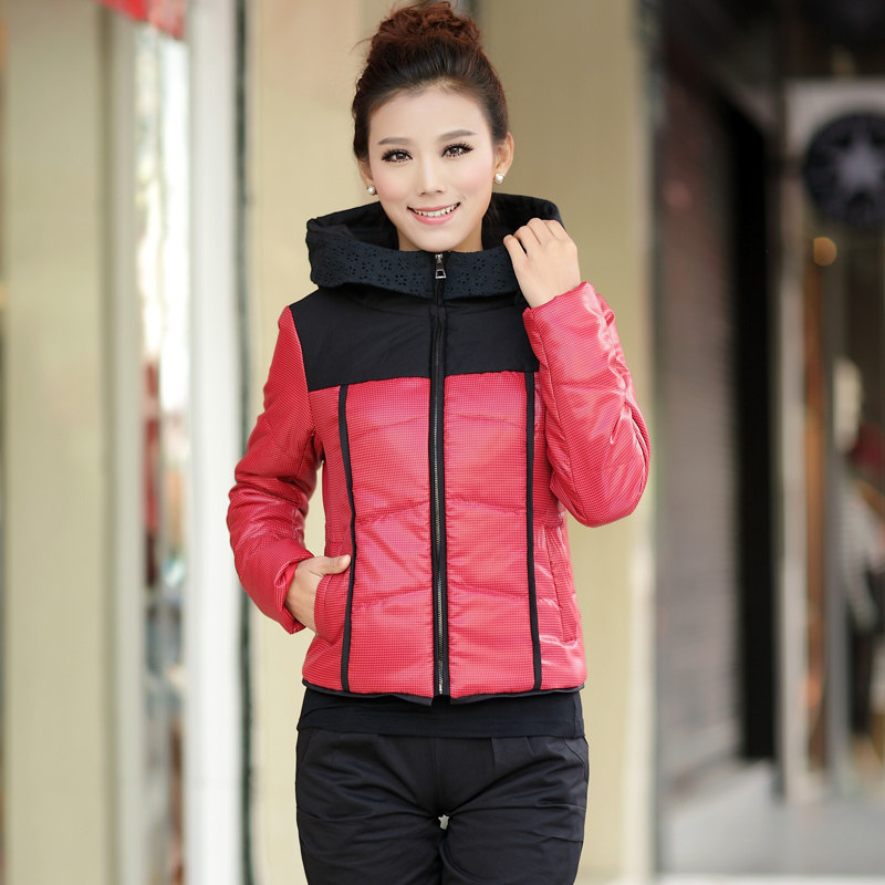 秋冬新款 大码<em>棉衣</em>修身<em>女式短款棉服</em> 连帽拼接
