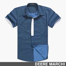 【5折】DEERE MARCHI 简约休闲方格纯棉男士翻领短袖衬衫DM22蓝