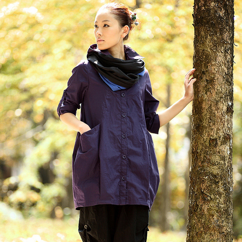 2010秋新款 茵曼棉麻布衣系衬衣长款连帽大码韩版长袖衬衫女B8998