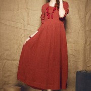 布衣风格 衣庄可人原创旧红麻纱夹层连衣裙轻禅