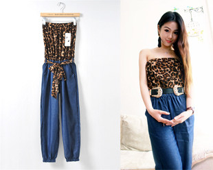 (Ladies 611-2) Europe and the United States wind Bra Leopard with stitching denim jumpsuit fashion harem pants 5002 #