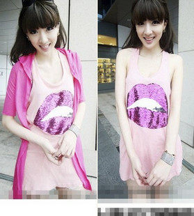 2011新款欧美少女性感嘴唇亮片众多名媛私服长款吊带 背心157