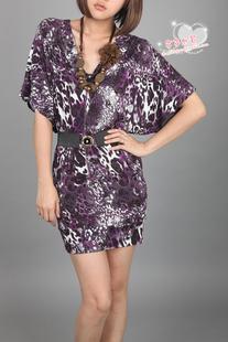 3161 欧美范儿人造丝紫色豹纹蝙蝠连衣裙
