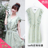 2010韩版新款 小碎花荷叶边飞袖收腰细带 雪纺裙 连衣裙 夏