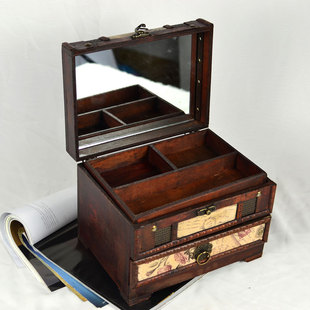 仿古带锁首饰盒古风梳妆盒百宝盒带镜木质做旧仿古收纳盒创意礼物