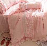 韩版纯粉色重工荷叶边嵌蕾丝纯棉全棉床裙款床上用品被套四件套