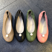 韩国东大门2024春季糖果色，圆头浅口珍珠，套脚低帮奶奶鞋平底单鞋女