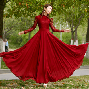 2024春季长裙女装荷叶边立领，蕾丝雪纺大摆长袖红色连衣裙显瘦
