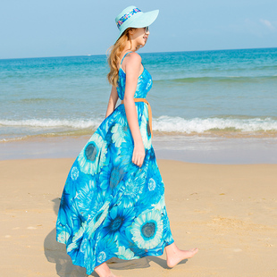 泰国沙滩裙海滩长裙女夏大码胖mm波西米亚海边度假显瘦吊带连衣裙