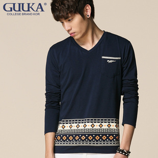 古由卡2014秋季新款韓版修身休閒長袖T恤 男民族風V領男士長袖T恤