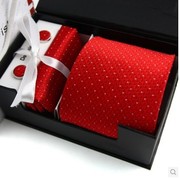 结婚领带红色碎花真丝，商务正装领带，袖扣手帕精美礼盒套装