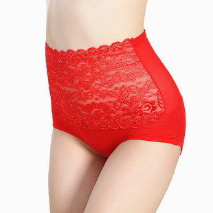 高腰本命年红色蕾丝性感镂空内裤竹纤维女士收复提臀三角舒适短裤