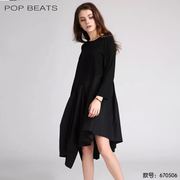 POP BEATS 女装秋装潮流时尚百搭黑色长袖中长款连衣裙棉670506