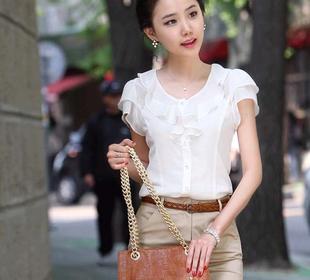夏季韩版荷叶花边白色，衬衫女短袖职业装修身显瘦打底雪纺衬衫
