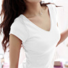 韩版纯棉夏装圆v领纯色，短袖t恤大码女装，修身白色打底衫半袖体恤潮