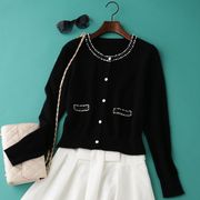 春秋季女式羊绒衫手工串珠黑色，高腰羊绒开衫短款外套可量身定