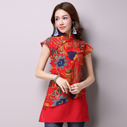 中国风复古汉服 夏季女装 气质修身立领唐装短袖棉麻印花衬衣