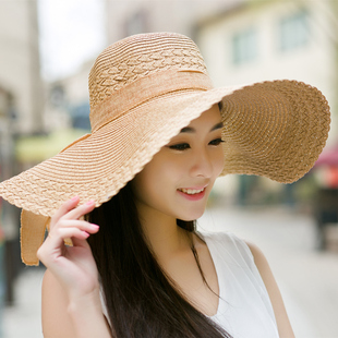 大沿草帽遮阳帽女士夏天防晒帽子，出游度假海边沙滩帽可折叠太阳帽