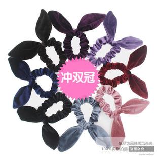 韩国进口饰品发绳高档金丝绒布蝴蝶结兔耳朵发圈，简约纯色发套头花