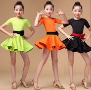 女童短袖黑色舞蹈服儿童荧光，绿拉丁舞蹈连衣裙，桔色女孩演出练功服