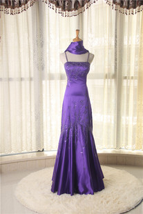 d042紫色鱼尾漏背晚礼服裙宴会，钉珠长款新娘，结婚敬酒服绸缎1