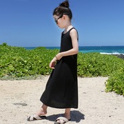 女童度假裙夏季黑色长裙背心裙儿童亲子母女装文艺中大童沙滩裙