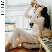 韩版家居服针织毛线睡衣，套装女秋冬珊瑚，绒长袖开衫中厚款保暖兔绒