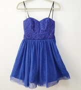 出口欧美外贸原单女式夏季宝蓝色绑带侧拉链蕾丝裹胸礼服裙蓬蓬裙