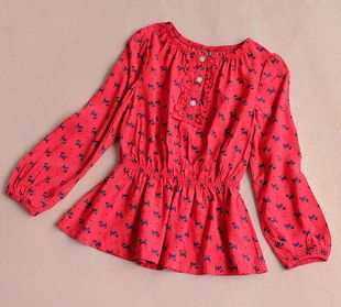 童装洋气收腰红色印花丝棉，公主夏季长袖衬衫儿童娃娃衫上衣