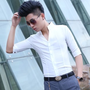 立领男士韩版时尚短寸衫潮流7分袖衬衫修身理发师个性中袖衬衣上