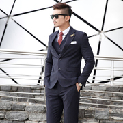 韩国男装 修身韩版男士春秋气质潮时尚商务深蓝色西服套装